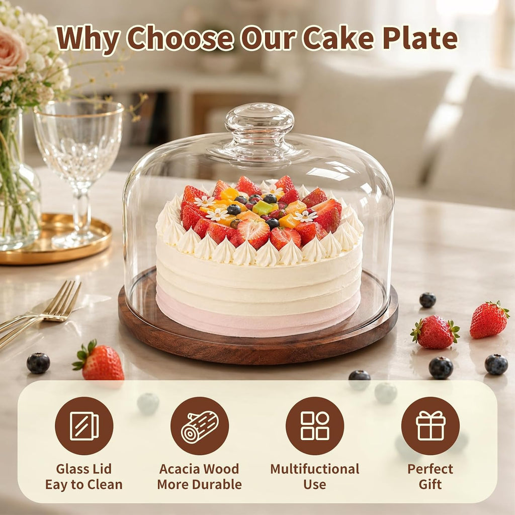 Acacia Wood Cake Stand with Glass Dome,11" Rotating Cake Stand for Desserts