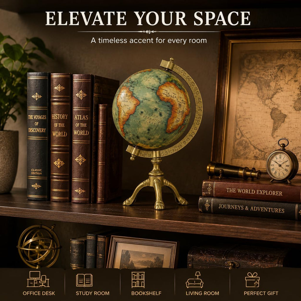 Vintage Desk Globe with Antique Brass Finish - Rotating Old World Tabletop Decor, Library & Study Room
