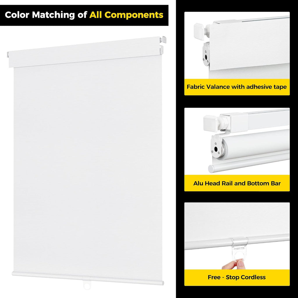 No Tools No Drill Cordless Blackout Roller Shades for Indoor Windows, Easy to Install, Darkens Rooms, Blocks Heat