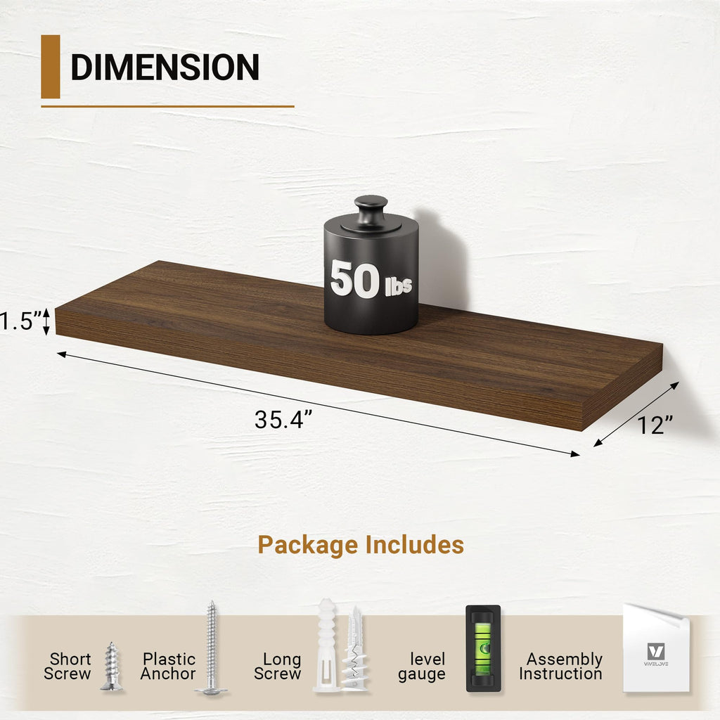 Deep Floating Shelves 36 X 12 Inches, Walnut, Set of 2