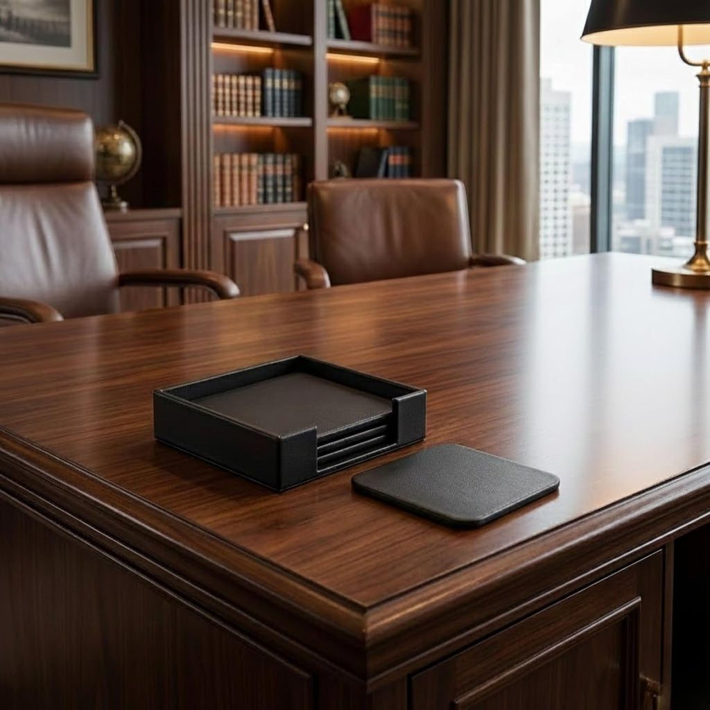 Black Leather 4-Square Coaster Set