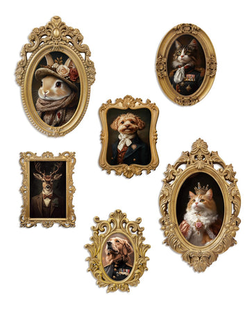 Vintage Gold Framed Wall Art Set of 6, 3D Embossed Ornate Baroque Frames with Royal Animal Portrait Prints of Rabbit
