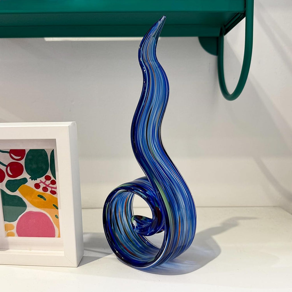 11.4" Tall Hand Blown Glass Sculpture, Murano Style Art , Modern Coastal Home Decor Accent for Shelf