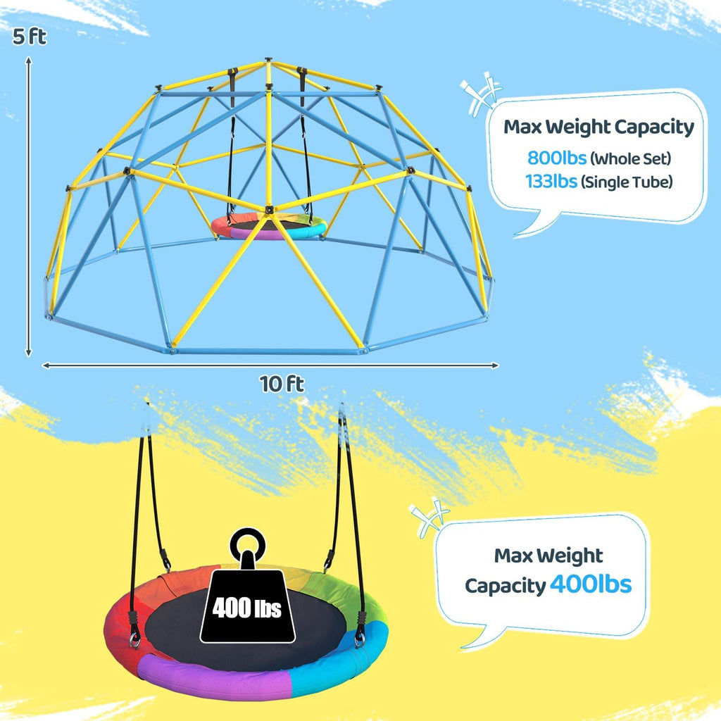 Climbing Dome with Rainbow Saucer Swing, 10FT Indoor Jungle Gym for Kids