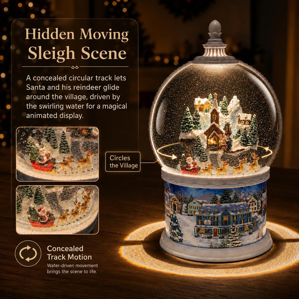 10.24" Large Christmas Snow Globe Lantern, Lighted Musical Winter Village with Swirling Glitter, Rotating Santa &