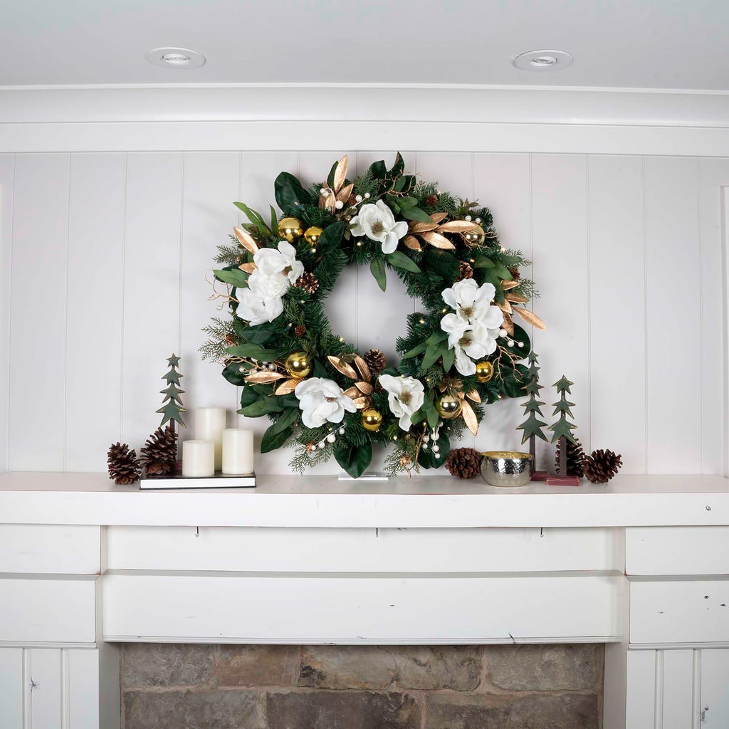 30 Inch Pre-Lit Artificial Christmas Wreath, White Gold Magnolia