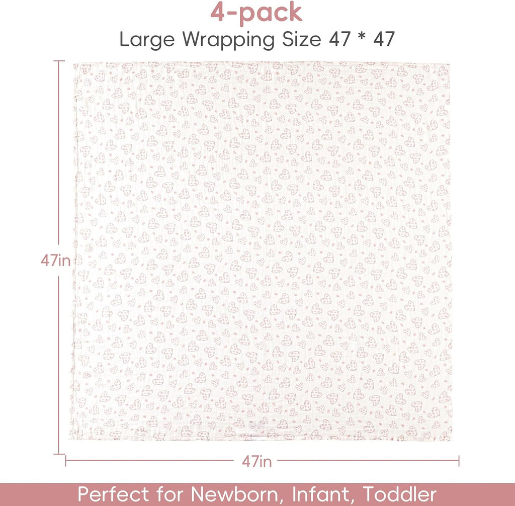 4 Pack Organic Rayon Derived from Bamboo & Cotton Muslin Swaddle Blankets, Soft Breathable Baby Receiving Blankets