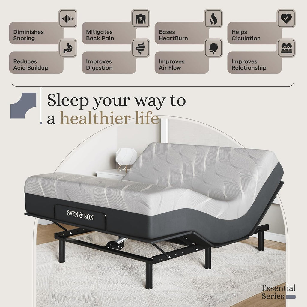 Sven and Son Essential Adjustable Bed Base (Frame) + 14 inch Hybrid Spring Matt (Medium Soft), Easy Assembly, Head