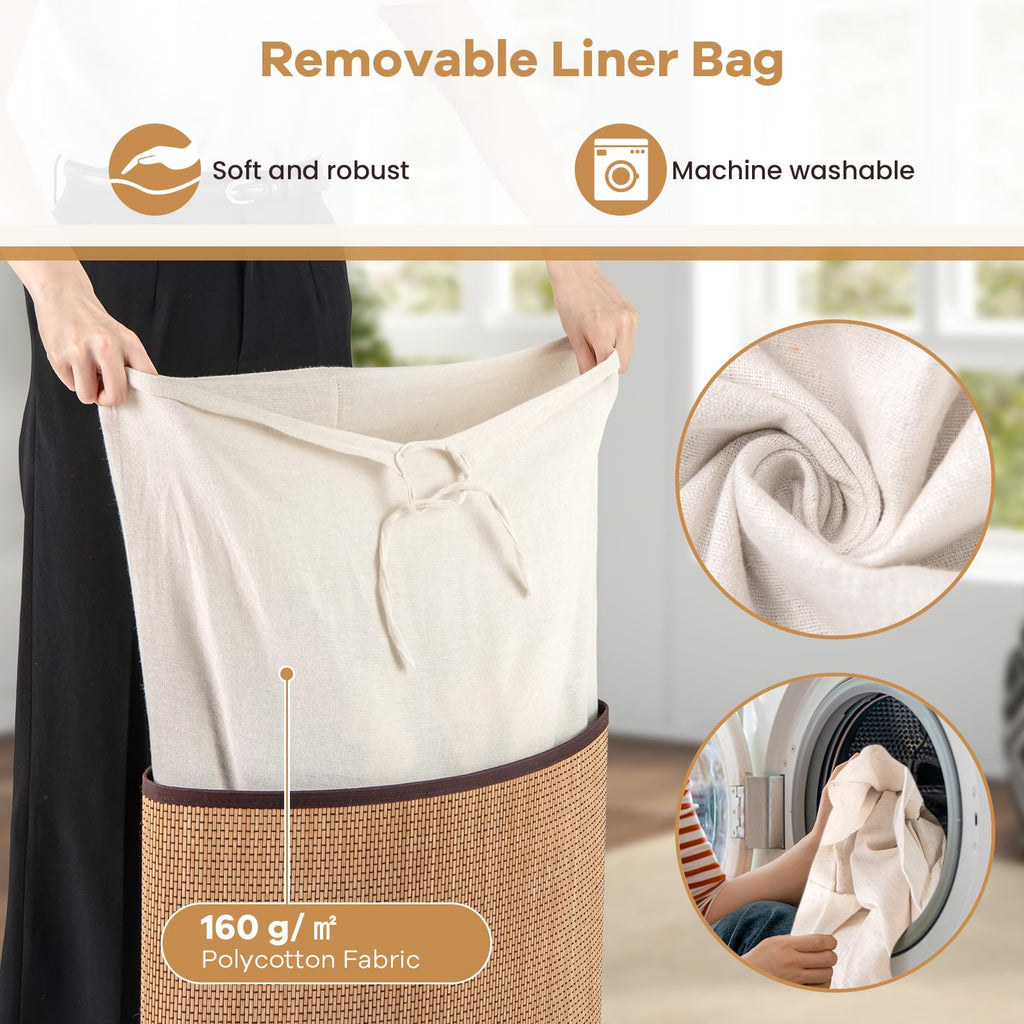 58 L Corner Laundry Hamper with Lid, Removable Liner, Handle Bamboo