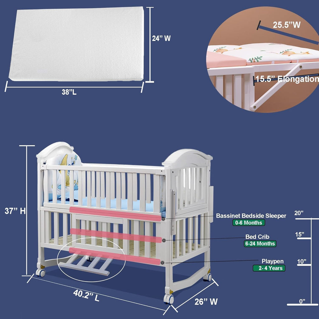 Portable Mini Baby Crib 4 in 1 with Memory Foam Mattress(38"by24") Included, Cunas para Bebes 2026 Convertible Crib 6