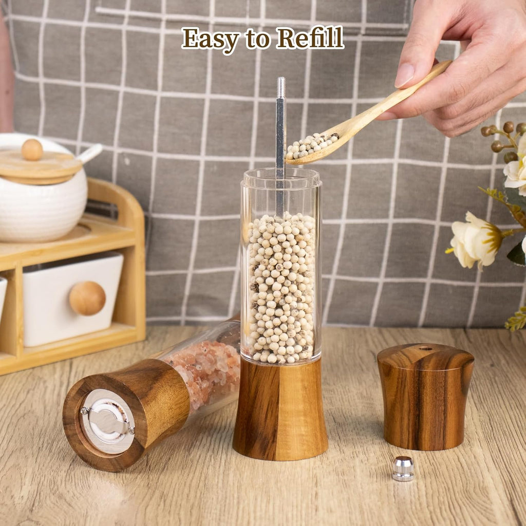 Acacia Wood Premium Acrylic Salt and Pepper Grinder Set 8 Inches - Set of 2