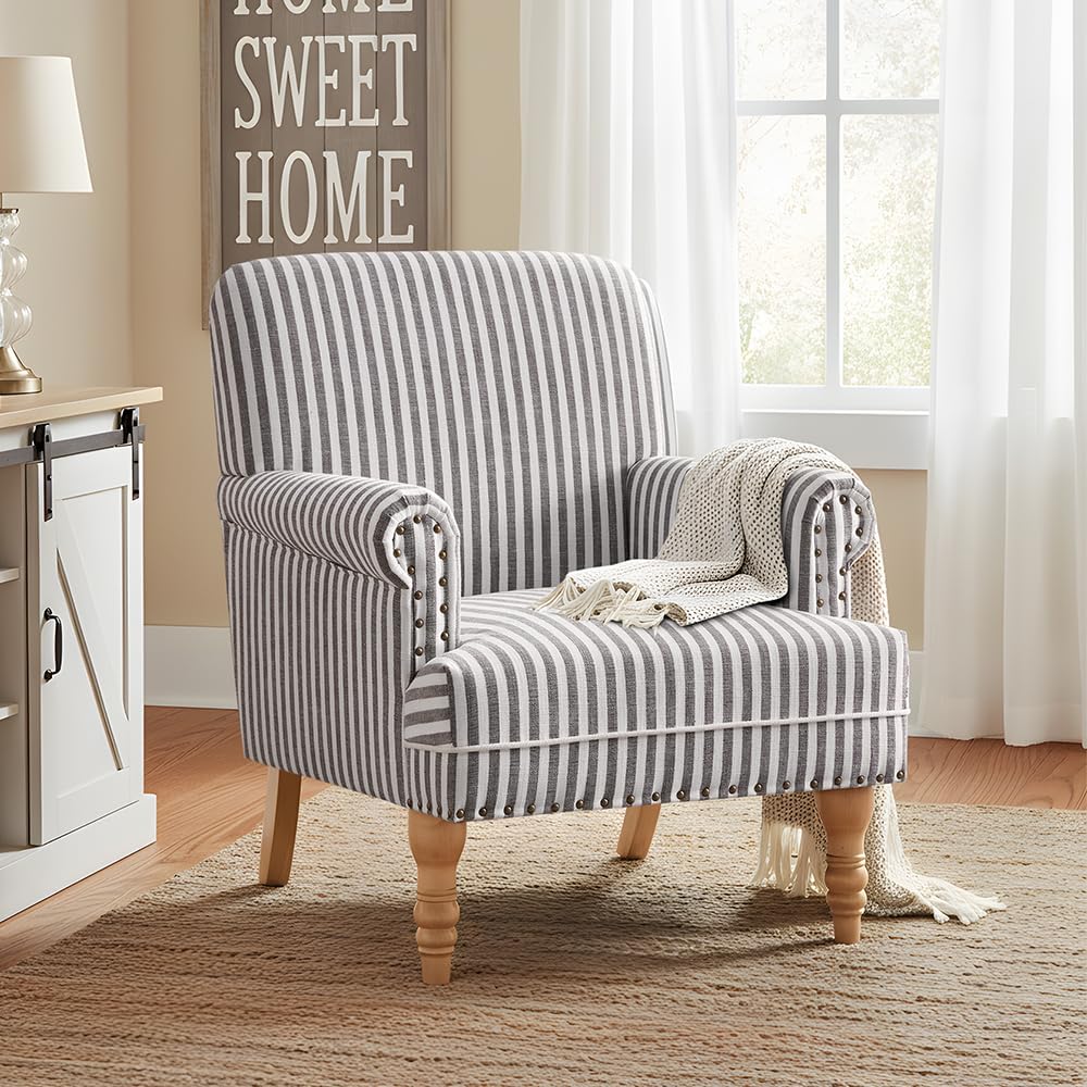 Linen Fabric Accent Chair, Mid-Century Modern Upholstered Armchair with Solid Wood Legs, Comfy Reading Club Chair