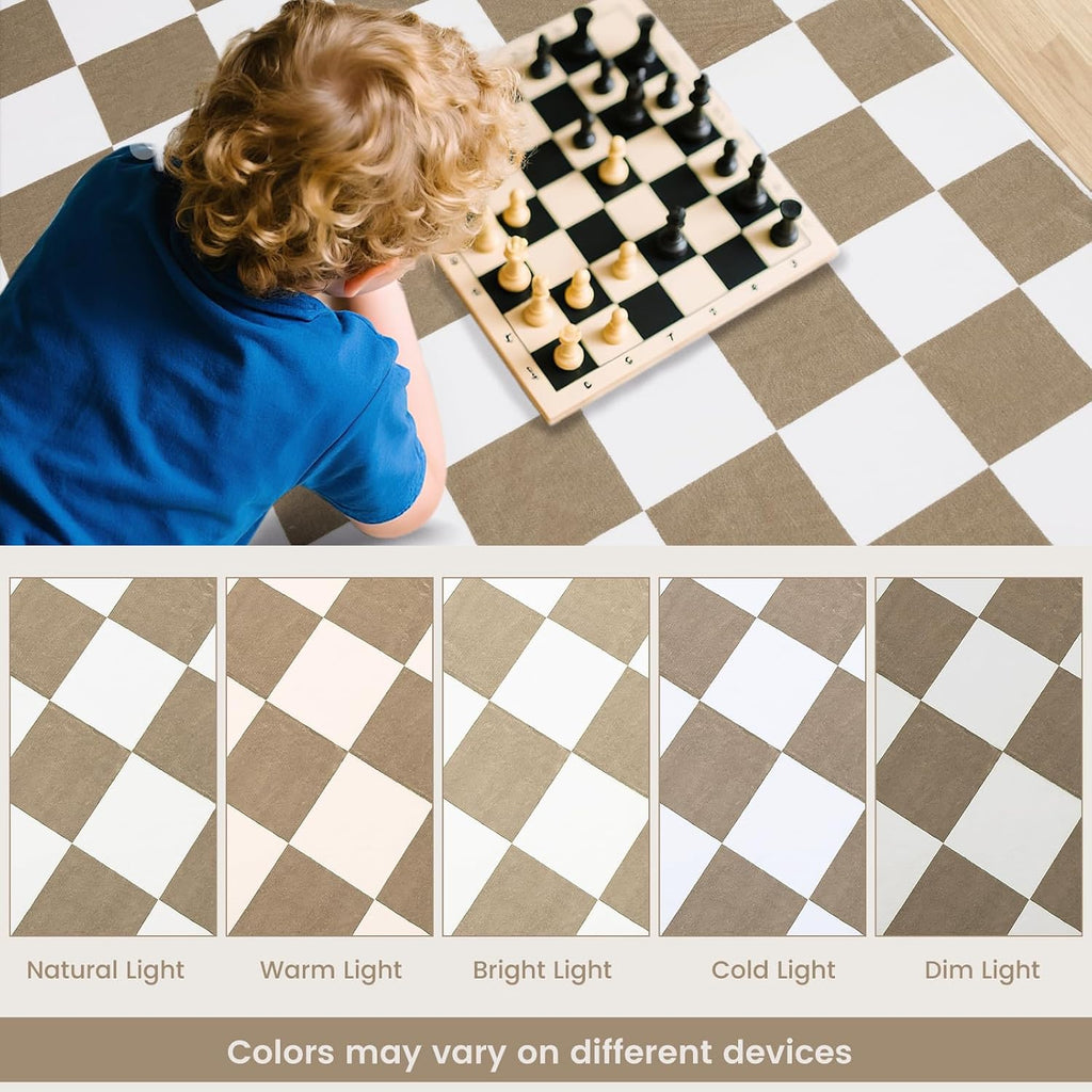 Washable Checkered Rug, 5x7 ft Beige and White Rug, Low Pile Area Rugs with Non-Slip Backing Playroom Classroom