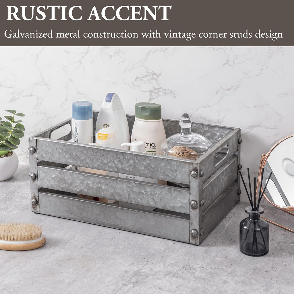 16-inch Rustic Silver Galvanized Metal Storage Crate Display Box with Vintage Corner Studs & Handles