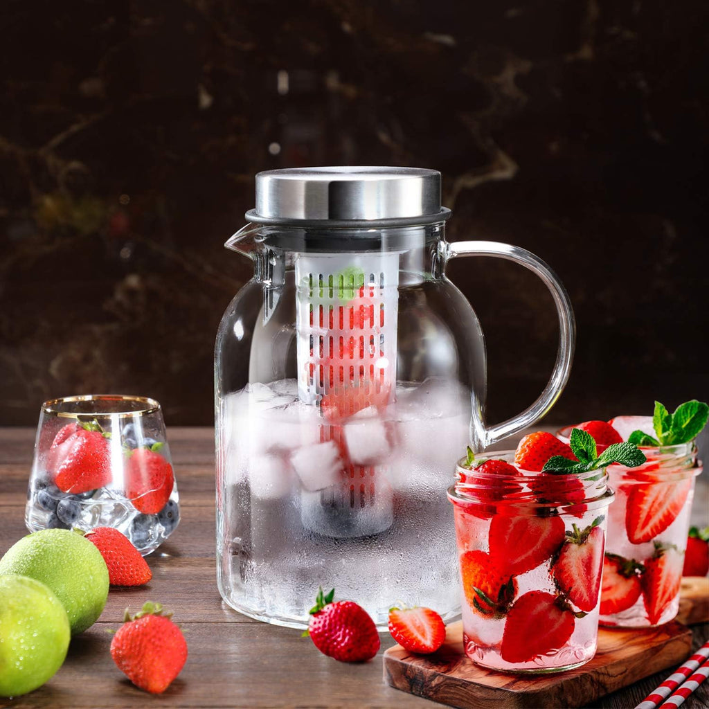 Glass Water Pitcher, Fruit Infuser Pitcher with Removable Lid, High Heat Resistance Infusion Carafe for Hot/Cold