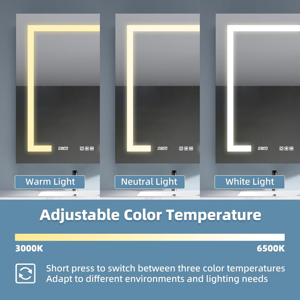 Medicine Cabinet with Lights 24x30 Anti-Fog Mirror Dimmable | 3 Color Dimmable LED. Time Temp Display. Anti-Fog IP44.