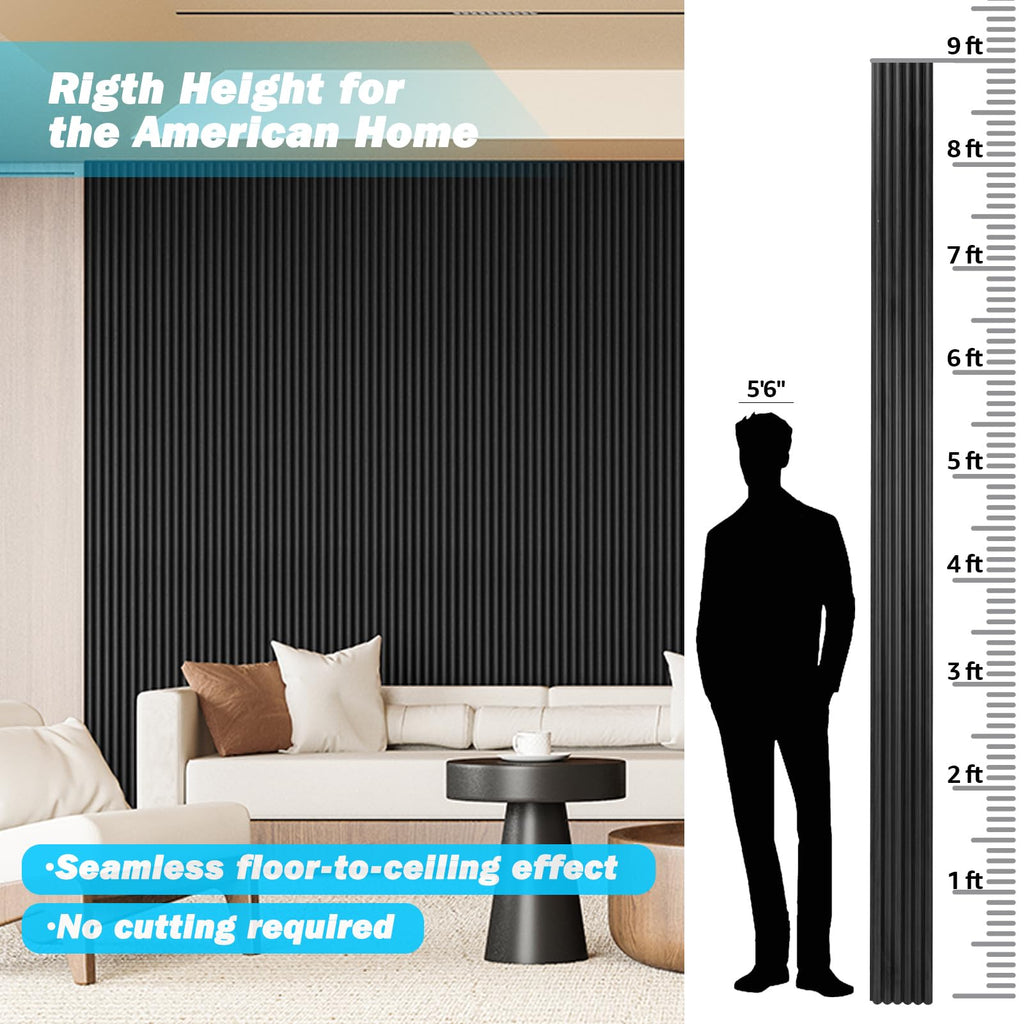 108 x 5.7 Inch Fluted Wood Textured Slat Wall Panel, Beaded Black