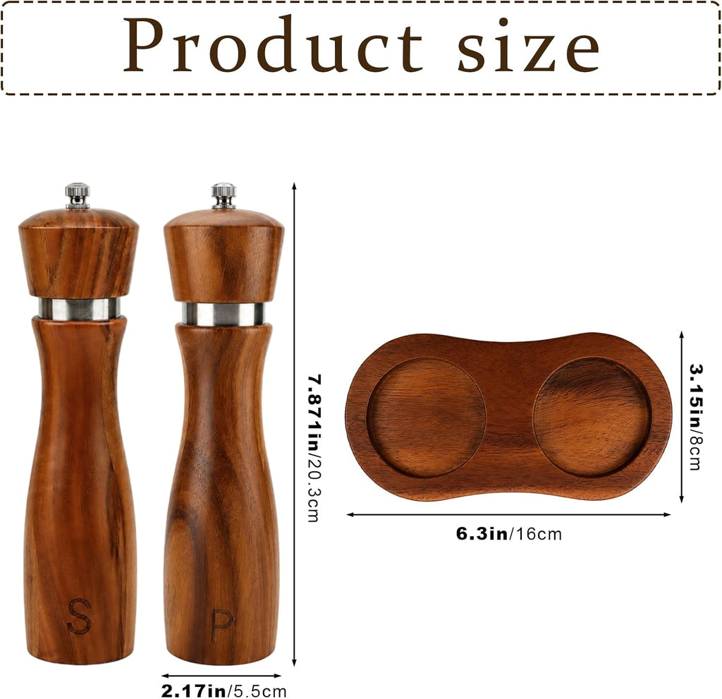 Wooden Salt and Pepper Grinder Set, 8 Inch Solid Hardwood Spice Mills with Adjustable Ceramic Rotor, Refillable - Set of 4