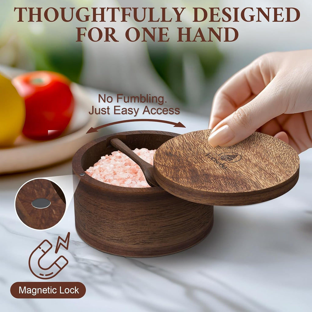 Salt Cellar with Lid & Spoon, Acacia Wood Salt Container, Salt Holder