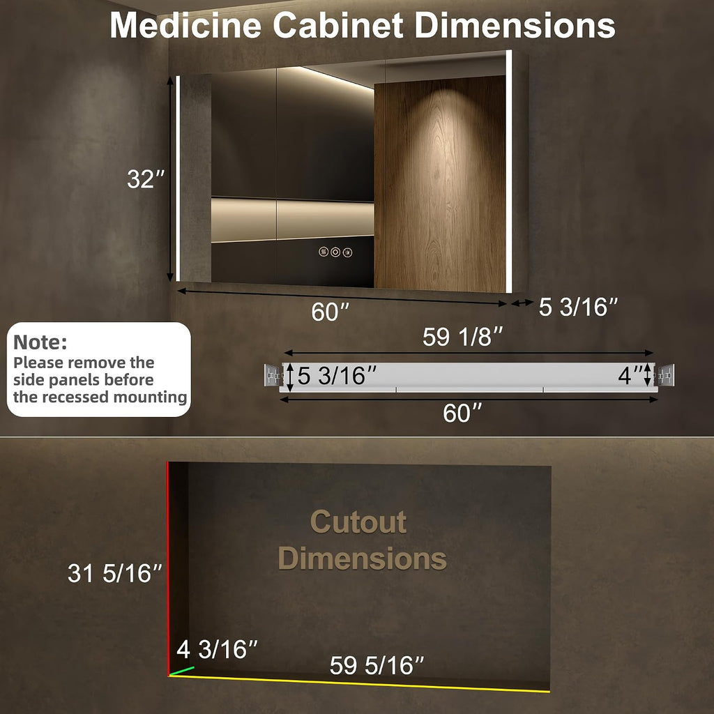 60 x 32 Inch Medicine Cabinet with Mirror and LED Light | Recessed, Wall-Mounted, Dimmable, Anti-Fog, Memory