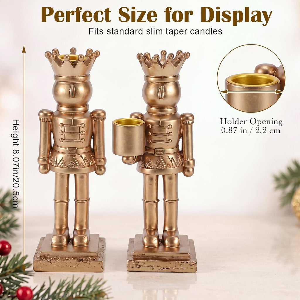 2 Pcs Gold Taper Candle Holders, Christmas Nutcracker King