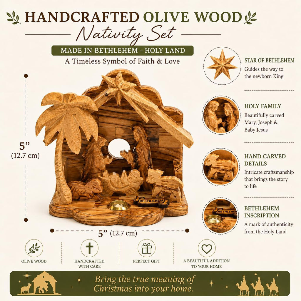 Olive Wood Nativity Set for Christmas Indoor Décor, Handcrafted Bethlehem Manger Scene with Holy Family, Wooden
