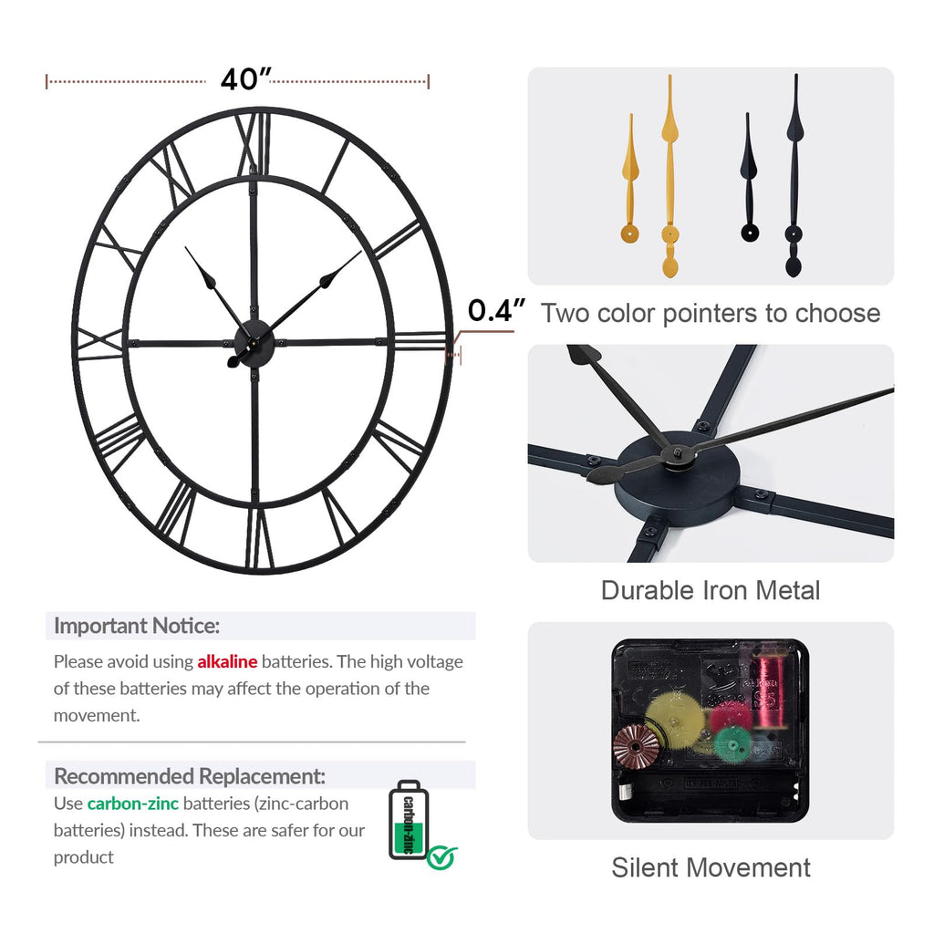 40 Inch Large Silent Wall Clock, Easy Assembly Roman Numeral Black