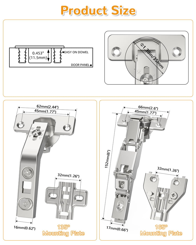 2 Pair 135 Degree & 165 Degree Hinges Kit for Pie Corner Cabinets, Hidden Lazy Susan, Face Frame Self Closing, Clip