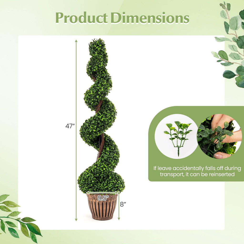 4 Ft Artificial Boxwood Spiral Topiary Tree, Fake Greenery Plants, Leaves & Cement-Filled Plastic Flower Pot