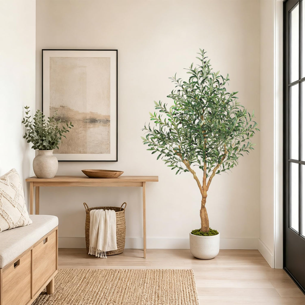 Olive Trees Artificial Indoor, 6FT Tall Faux Olive Tree with Lush Leaves and Lifelike Fruits, Artificial Plants