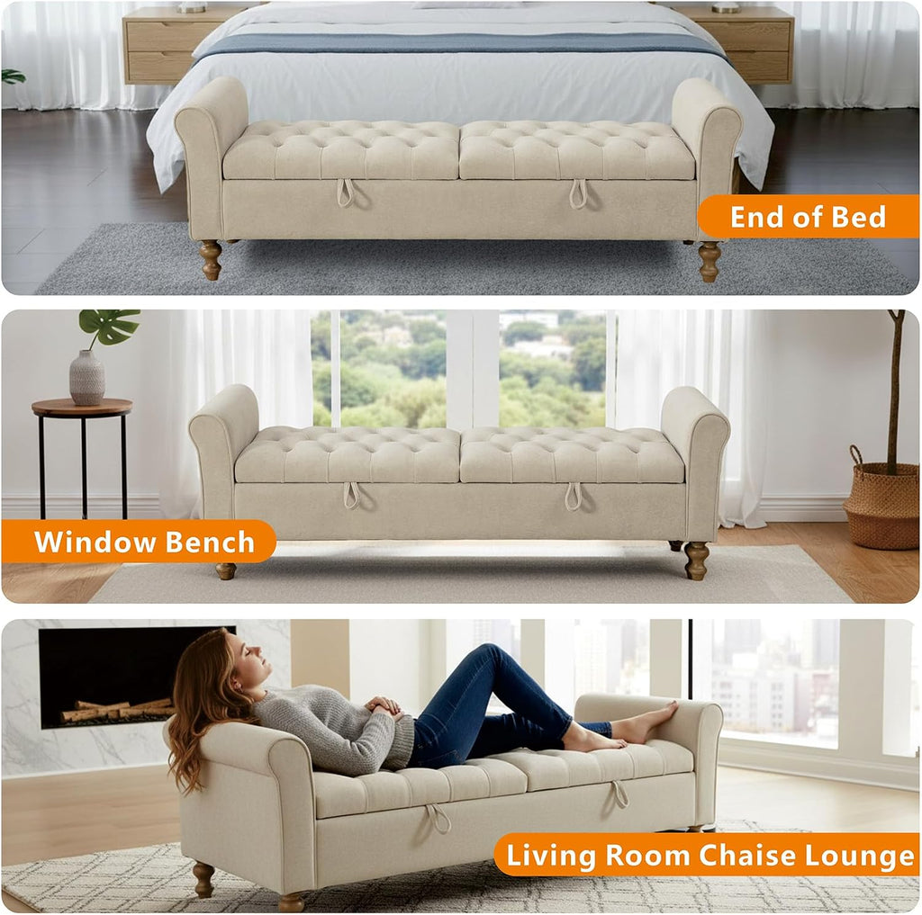 Storage Bench , 65.2'' Tufted End of Bed King Size Upholstered Extra-Long Bench with Dual Flip-Top Lids , Cloakroom