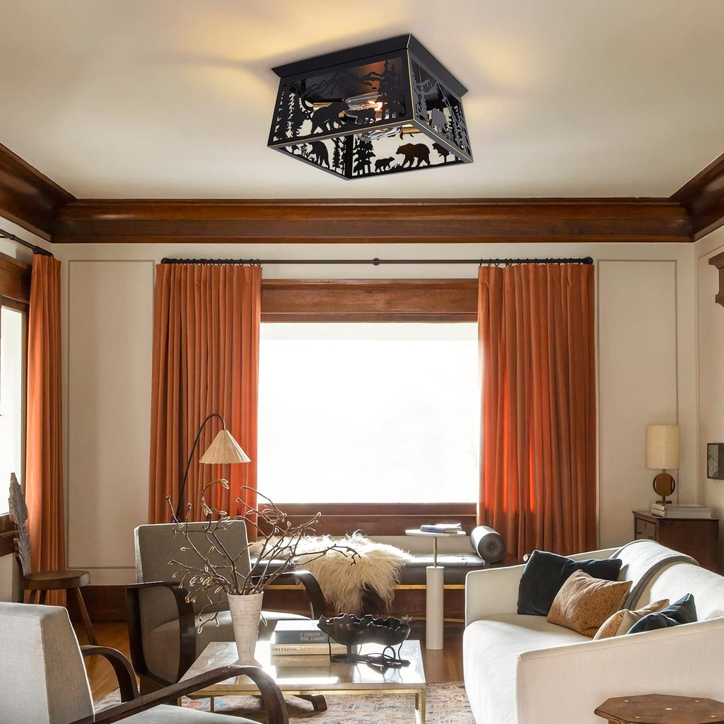 Farmhouse Flush Mount Ceiling Light Fixture, 2-Light Bear Rustic Light Fixtures for Log Cab, Outdoor Porch, and