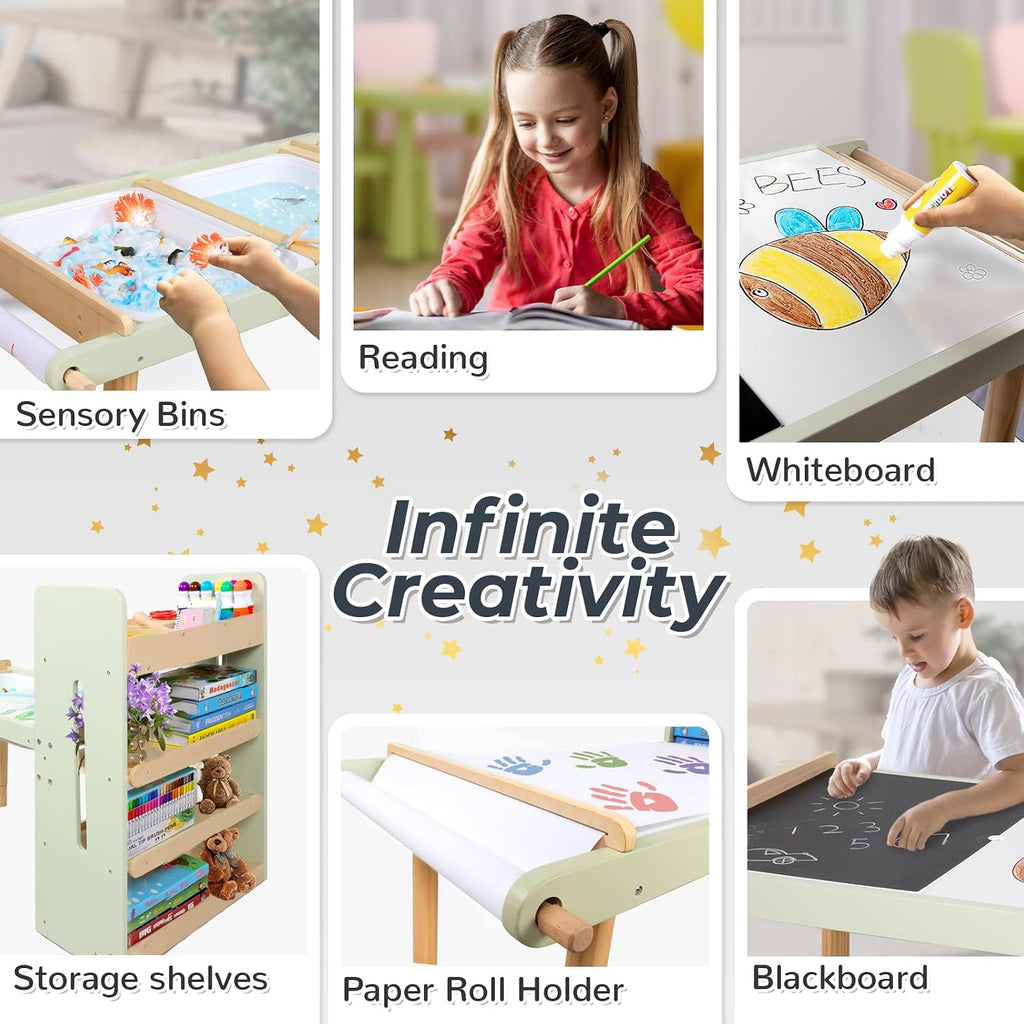 Kids Sensory Art Table for Toddlers 1-3 with Chairs, Storage Bins & Shelves