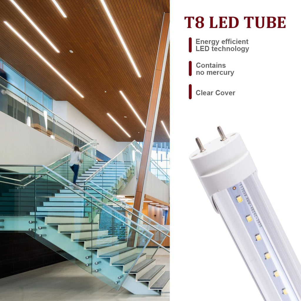 T8 LED Tube G13 Base, 4FT 24W 6000K Daylight White, Clear Cover, Flicker-Free LED Fluorescent Light Replacement