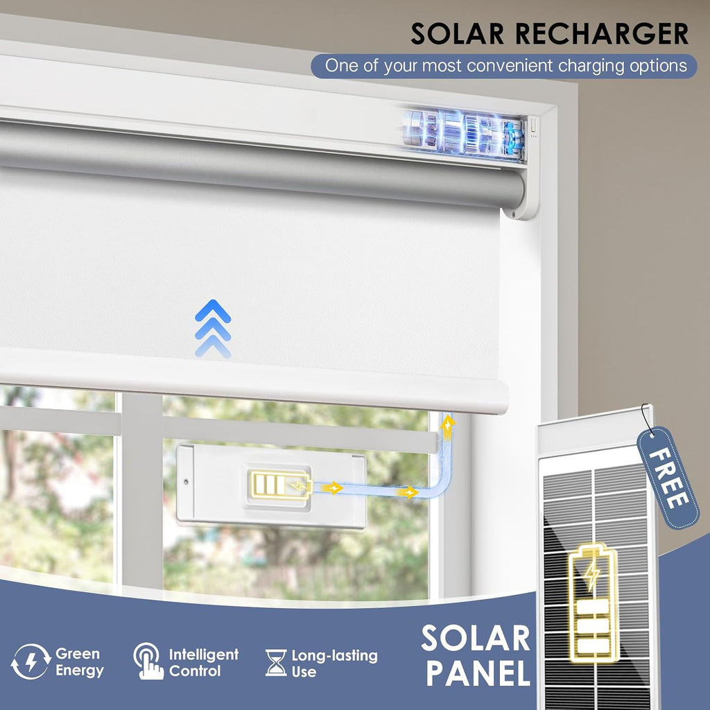 Motorized Blinds, Blackout Roller Blinds with Remote Control & Solar Panel | Automatic Electric Shades for Windows