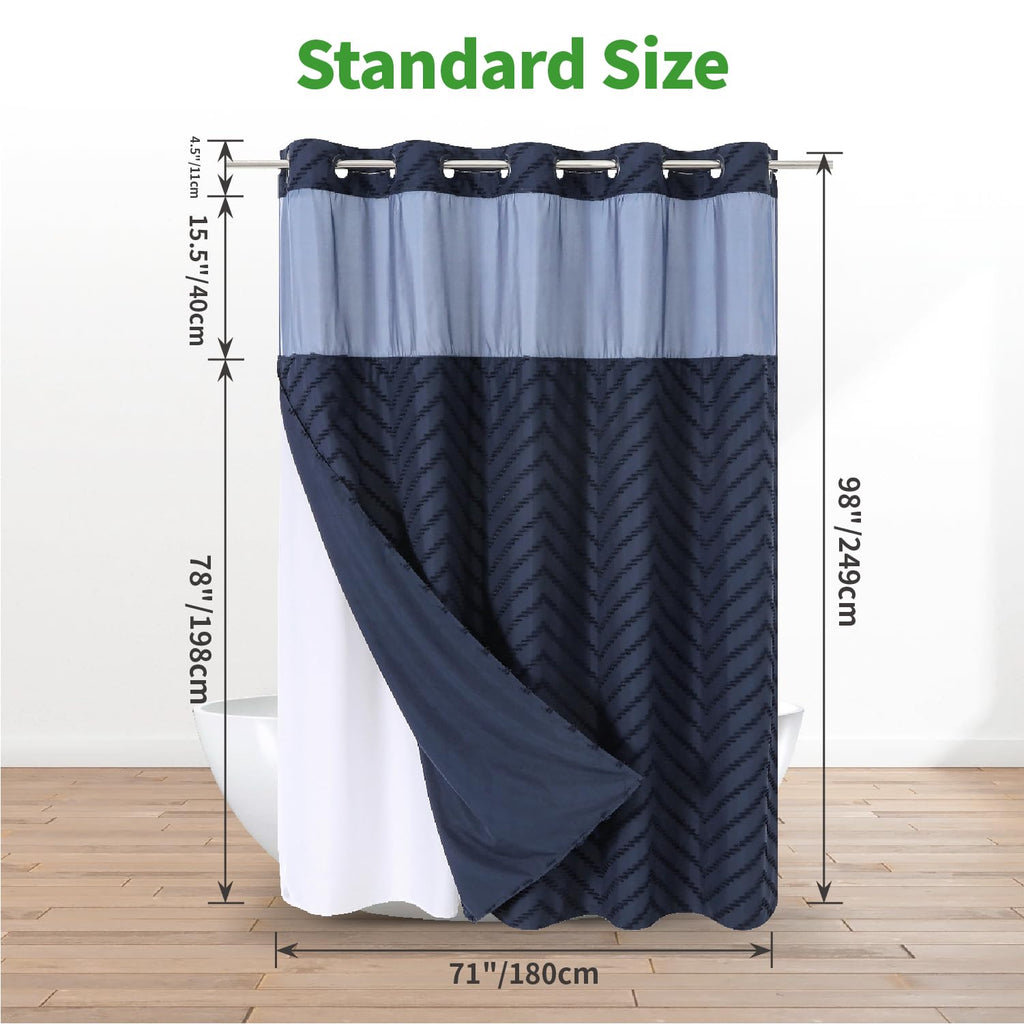 Extra Long No Hook Tufted Chevron Striped Shower Curtain with Snap-in Fabric Liner set-71Wx86H(84H), Navy Blue Hotel