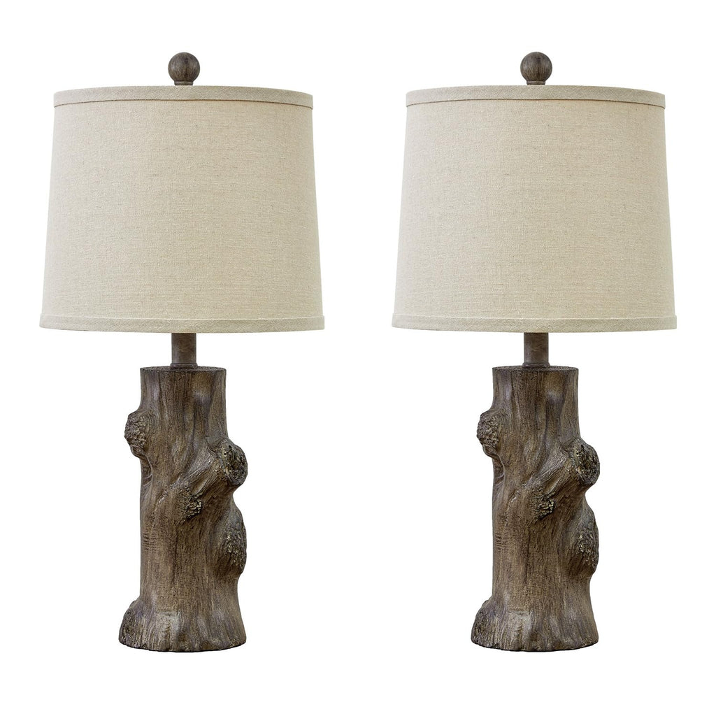23"Resin Table Lamps Set of 2 Country Cottage Farmhouse Lamp Tree Trunk Wood Grain with Oatmeal Fabric Round Shade