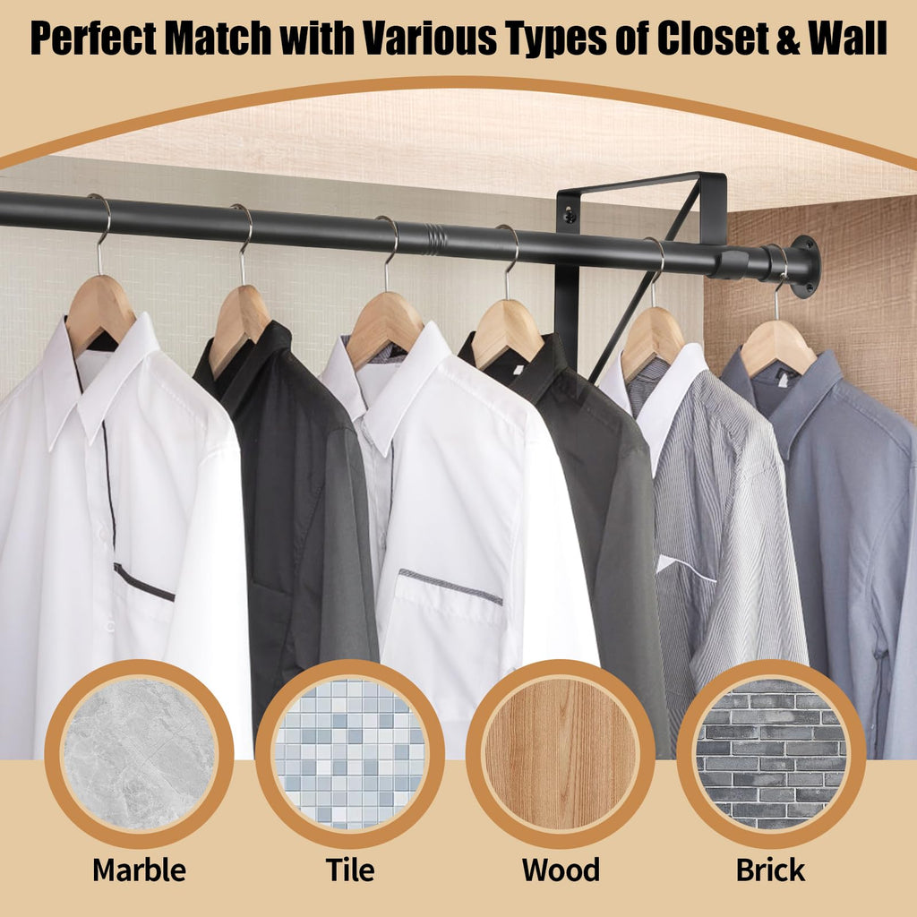 Closet Rod, 16 to 75 Inch Heavy Duty Adjustable Clothes Rod for Hanging Clothes and Heavy Duty Clothes Rod Bracket