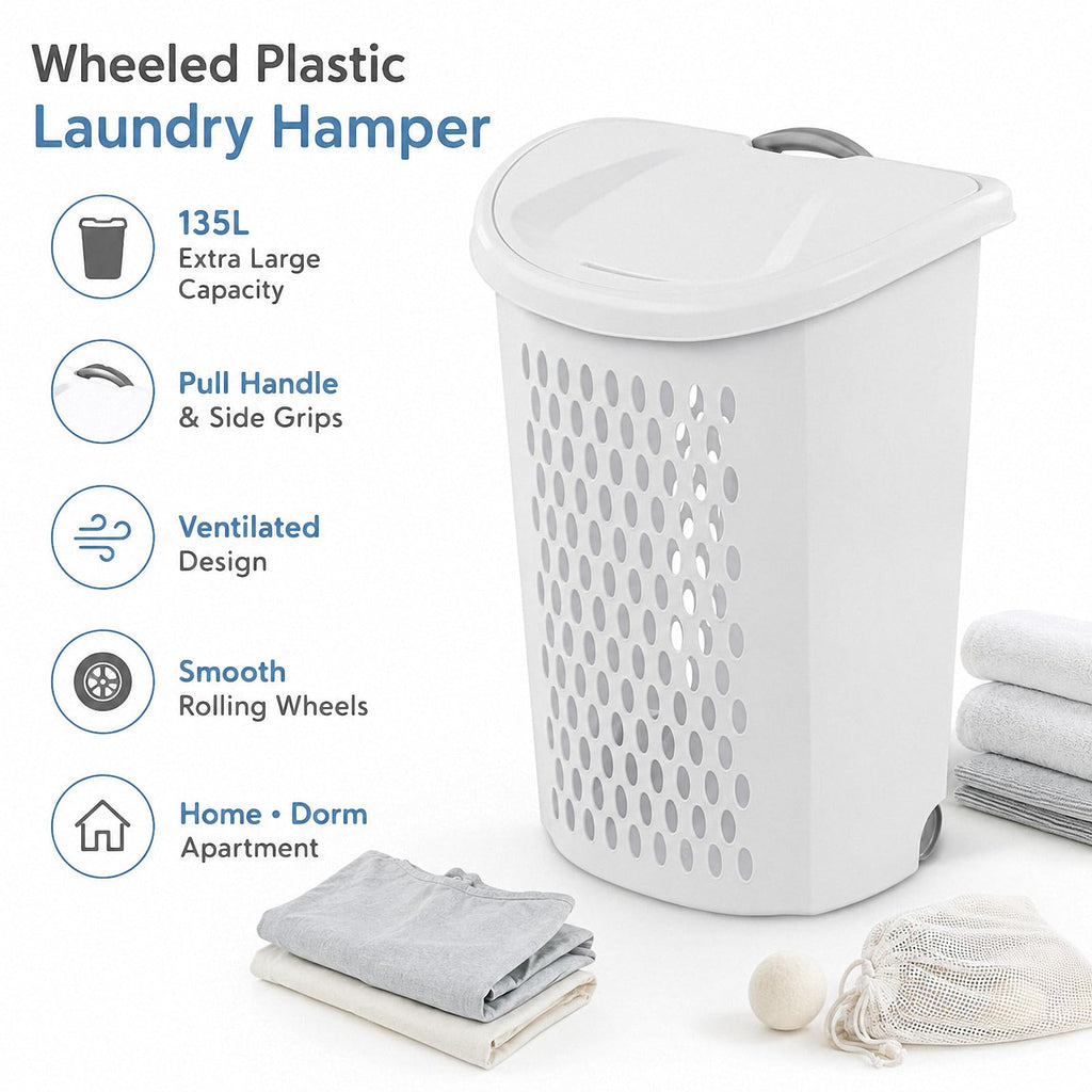 Rolling Laundry Hamper with Lid,White Wheeled Plastic Laundry Hamper