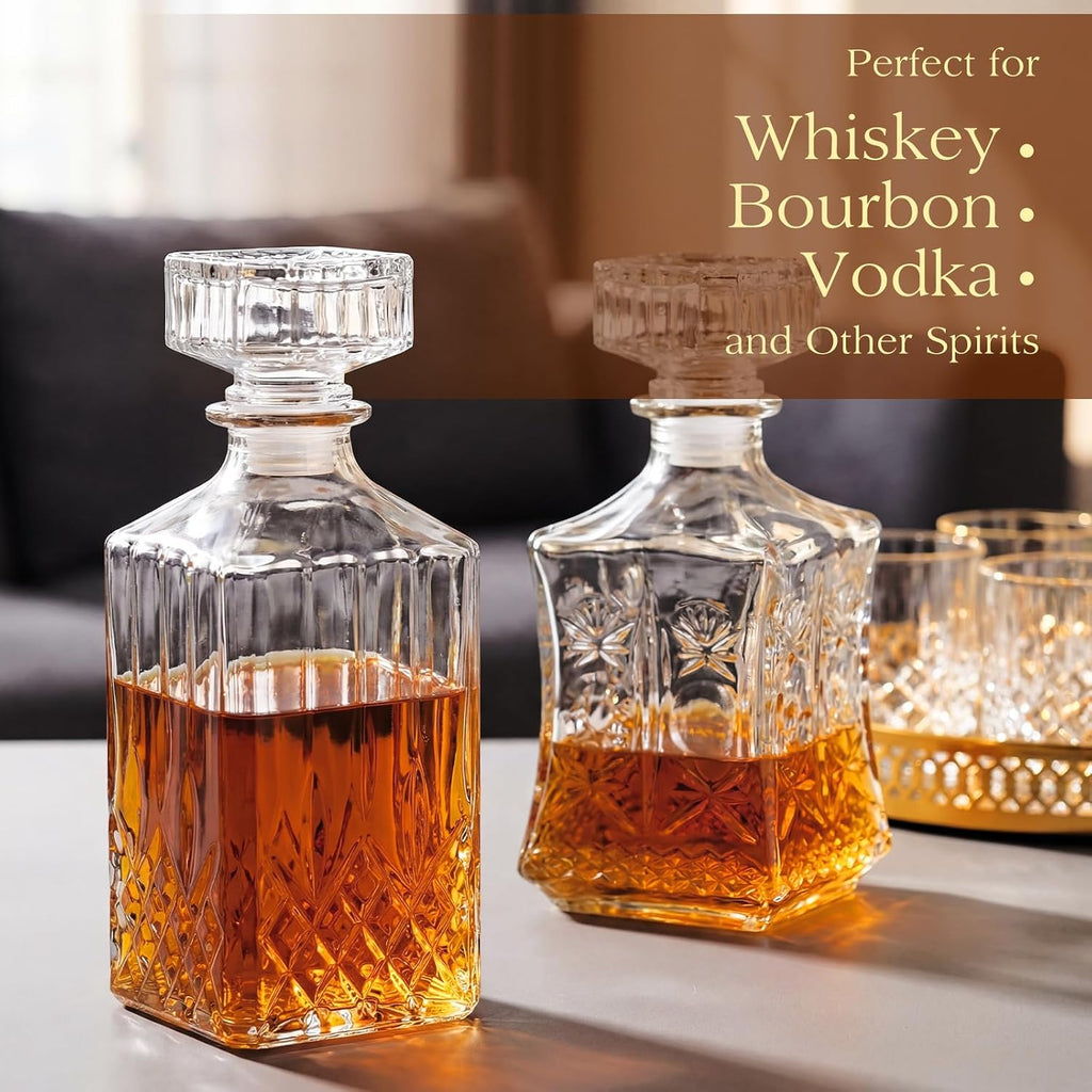Whiskey Decanter Set with 2 Glass Decanters and 4 Glasses, 31oz and 28oz Liquor Decanter Set for Tequila Bourbon - Set of 3