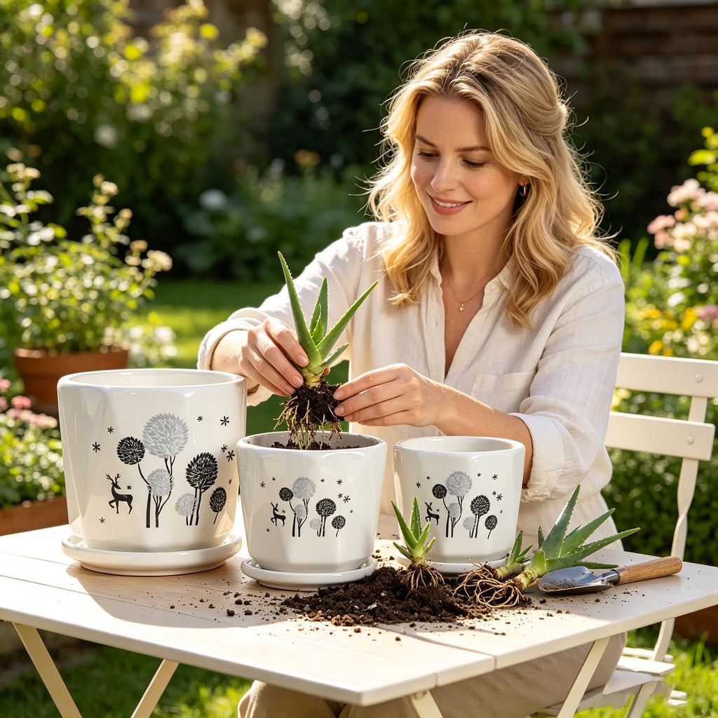 Woodland Deer Floral Ceramic Plant Pots Set of 3, Modern Nordic Planters with Drainage Hole and Saucer, Decorative