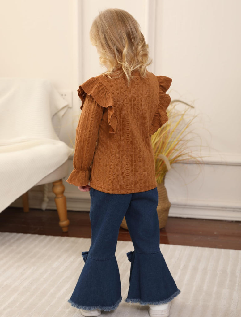 Toddler Girl Clothes Long Sleeve Ruffle Top Flare Jeans Pants Set