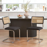 Rattan Dining Chairs Set of 2, Mid-Century Modern Wooden Chairs with Cane Mesh Back and Metal Chrome Legs, Black