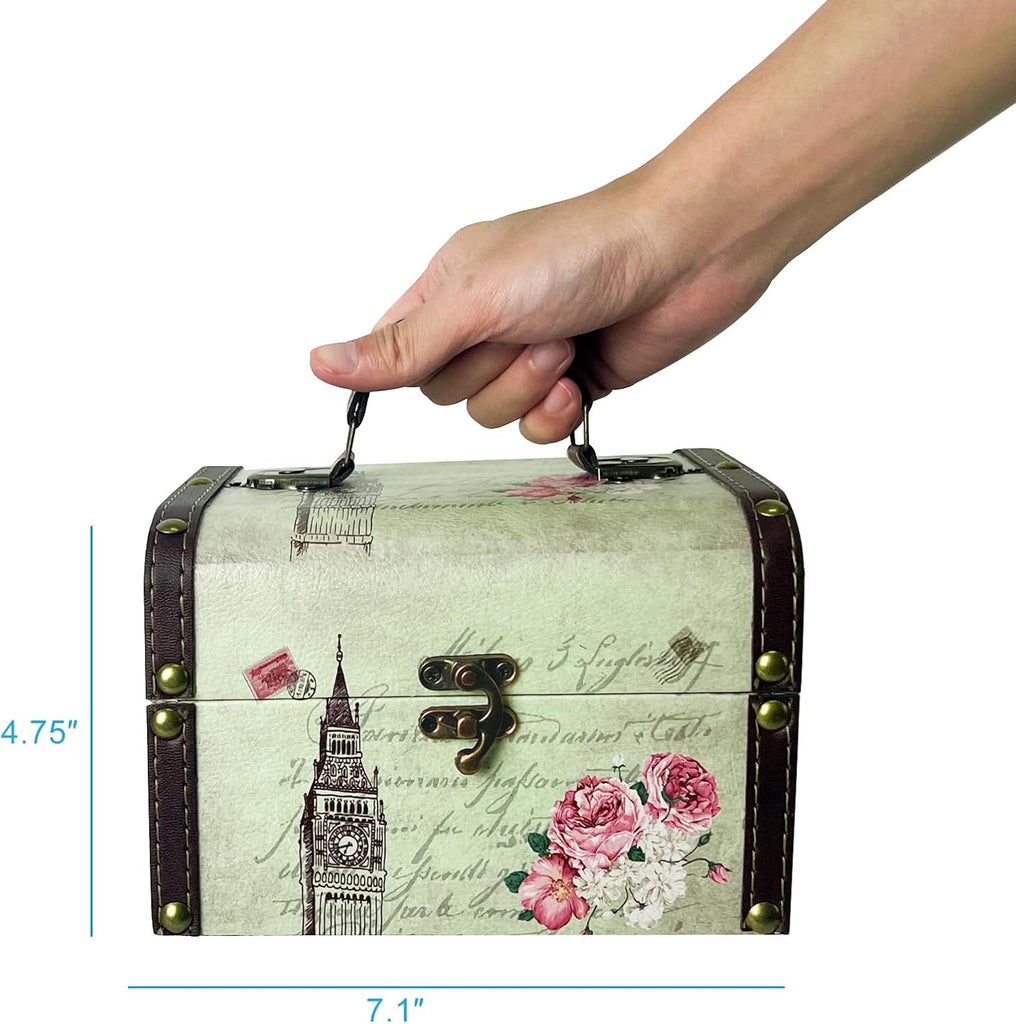 Small Wooden Treasure Box, Decorative Tin Storage Chest Jewelry Keepsake Boxes for Kids Girls Boys Gifts Home