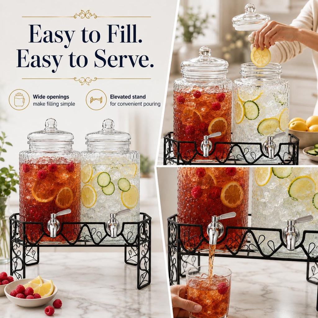 Dual 2.5 Gallon Set with Stainless Steel Spigots, Metal Stand & 2 Drip Trays - Hammered Mason Jar Style Drink