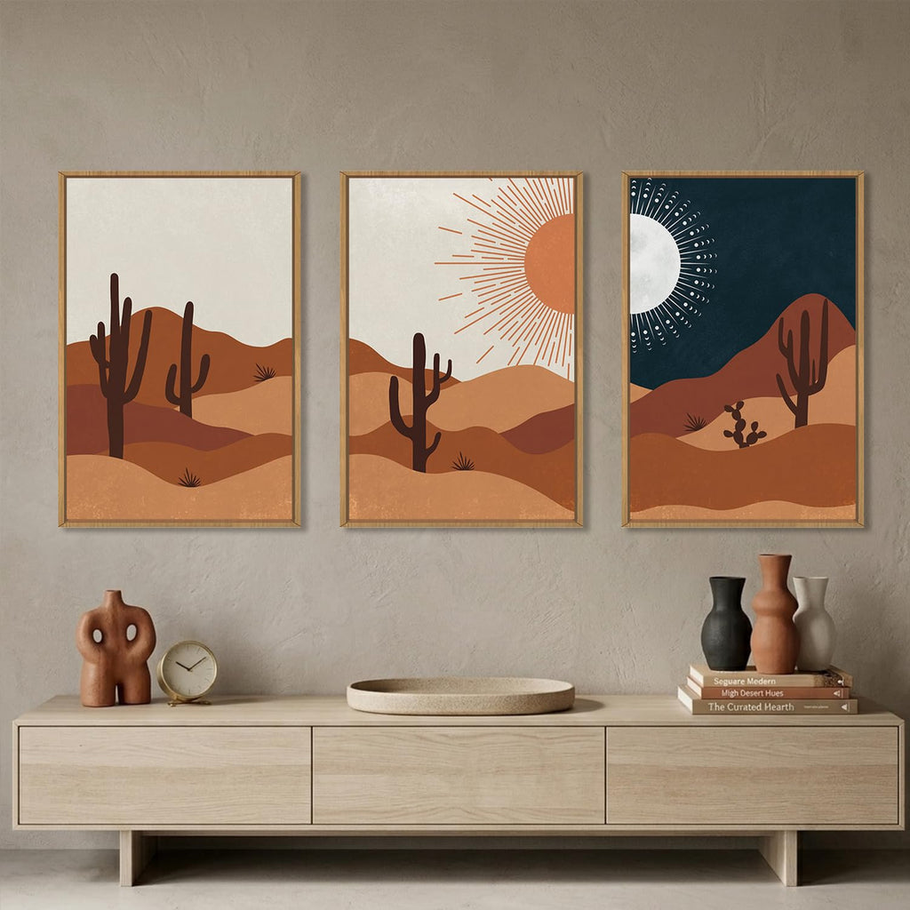 Boho Cactus Desert Abstract Sun Moon Framed Canvas Wall Art