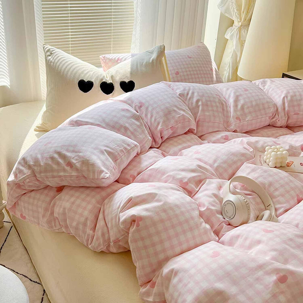 Pink and White Comforter Set Queen Size - Plaid Grid Checked Gingham Geometric Heart Pattern Printed Bedding Sets - 3