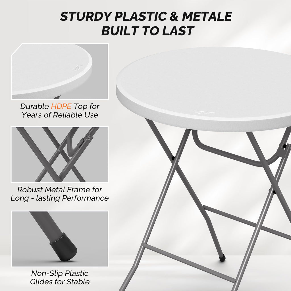 32" Plastic Folding Round Table Bar Height, HDPE Matrial with Gray Metal Finish, High Top Table for Outdoor Party