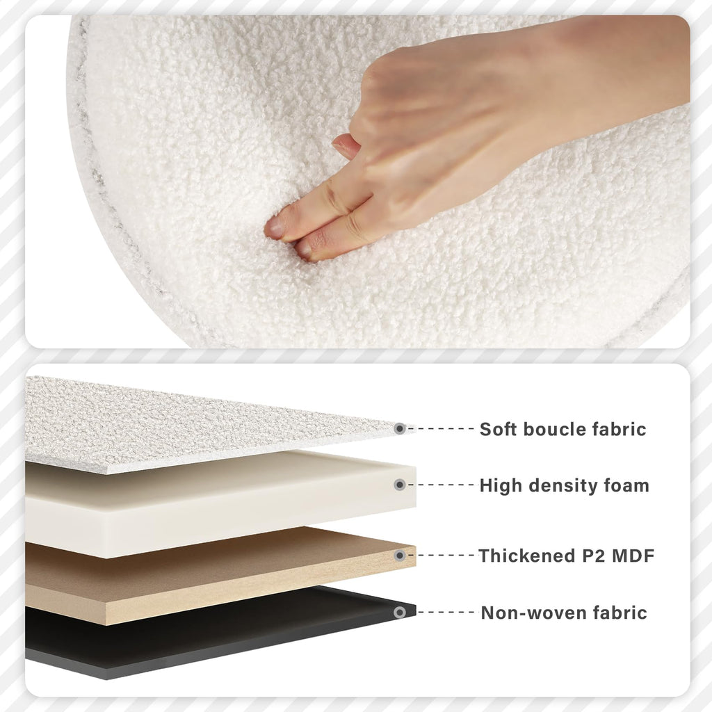 Round Storage Ottoman with Tray, Off-white Boucle Footstool