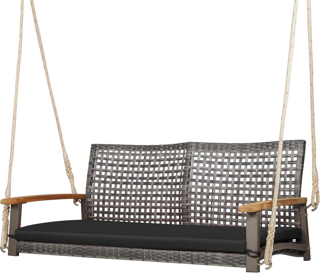 2-Person Outdoor Porch Swing with 118" Hanging Ropes, Patiojoy PE Wicker Patio Hanging Swing Bench with Soft Seat